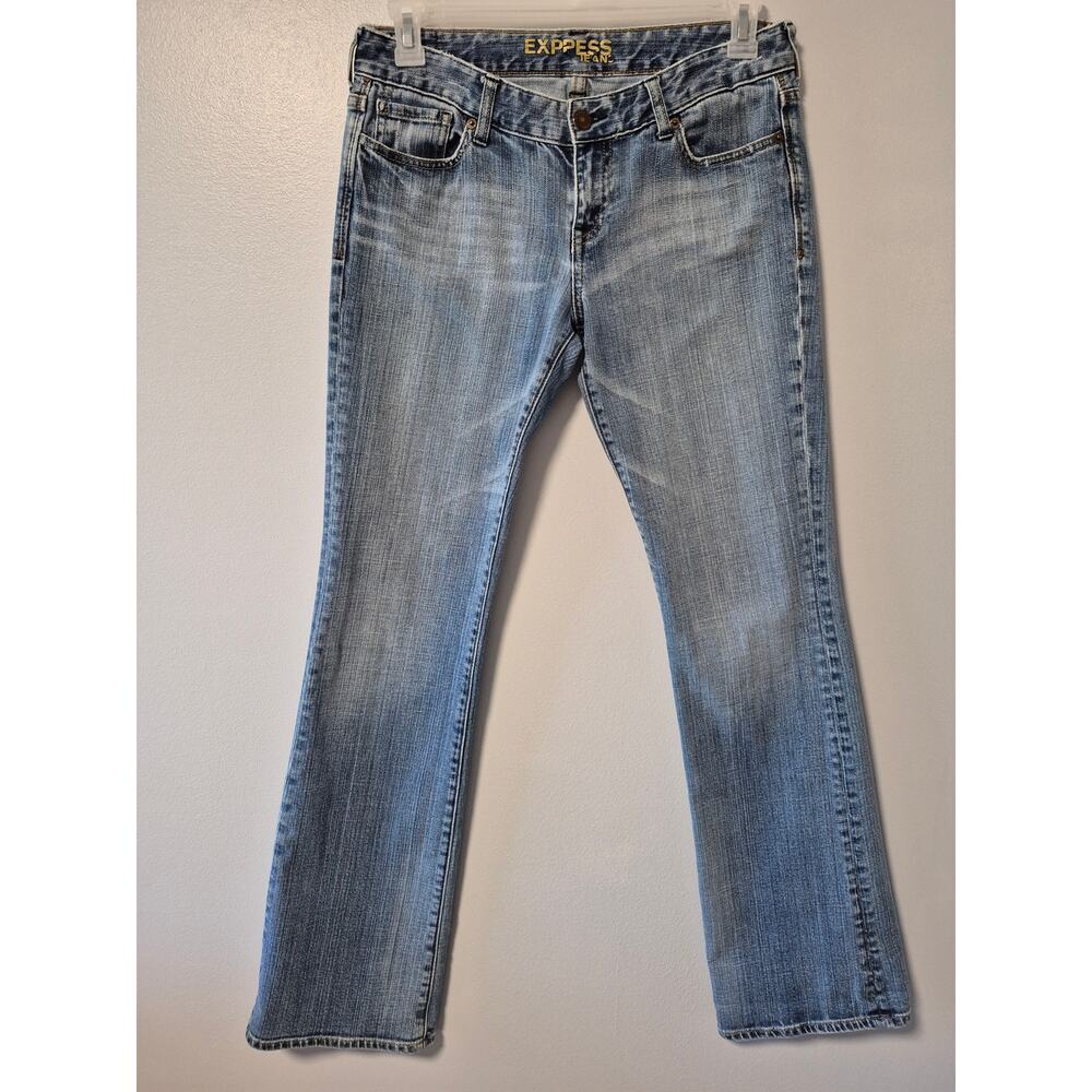 Express Jeans Women's 8 Long Blue Denim Bootcut Flare Embroidered pocket logo
